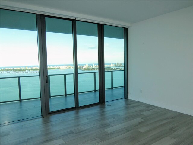 spare room with dark wood-type flooring, plenty of natural light, and a water view