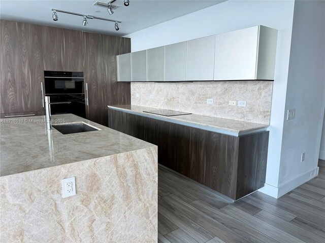 kitchen with track lighting, wood finished floors, modern cabinets, black appliances, and tasteful backsplash