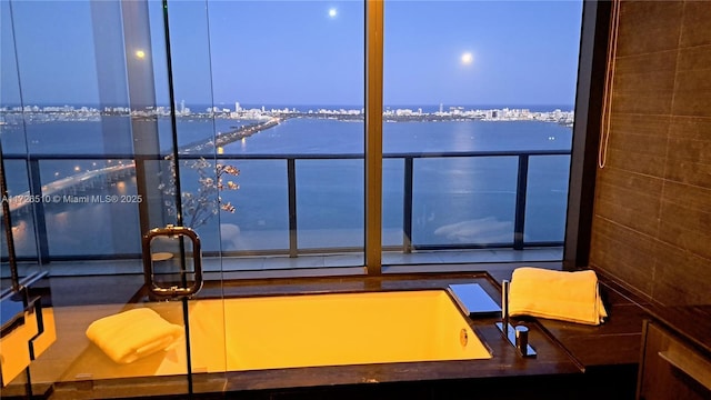 interior space with a water view