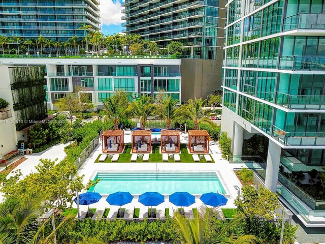 view of swimming pool featuring a lawn and a patio area