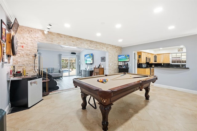 rec room featuring pool table and ornamental molding