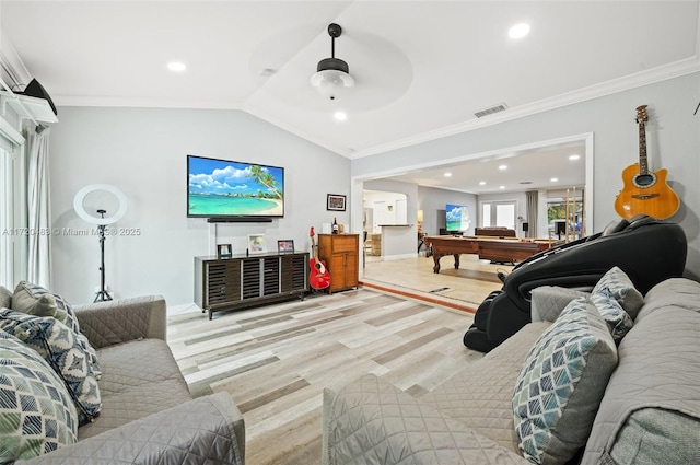 living room featuring billiards, crown molding, vaulted ceiling, ceiling fan, and light hardwood / wood-style floors