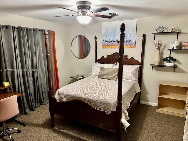 carpeted bedroom with ceiling fan and a textured ceiling