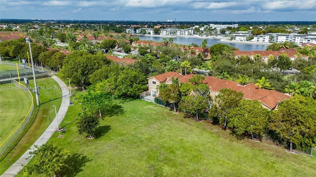 bird's eye view with a water view