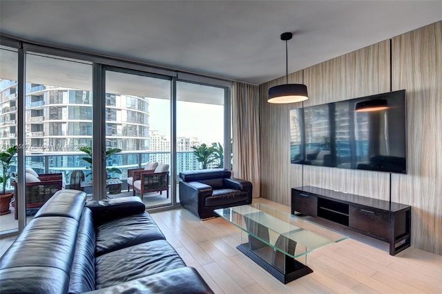 living room featuring light hardwood / wood-style floors and expansive windows