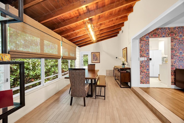 dining area featuring lofted ceiling with beams, light wood-type flooring, and wood ceiling