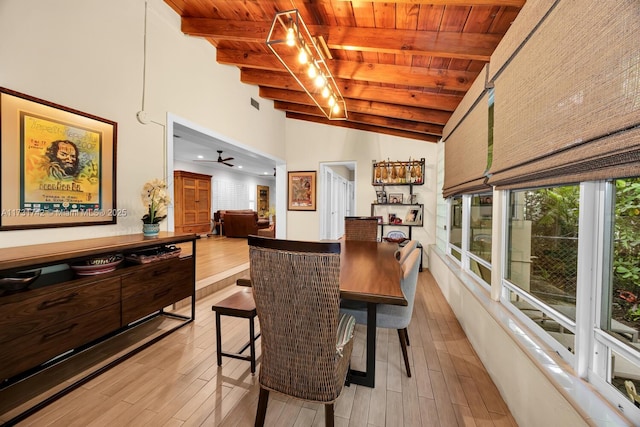 dining space with vaulted ceiling with beams, wood ceiling, and light hardwood / wood-style floors