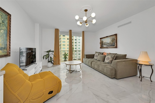 living room featuring expansive windows and an inviting chandelier