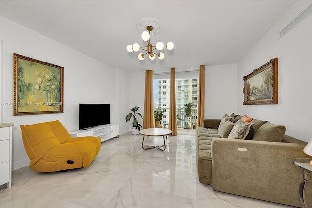 living room with a notable chandelier