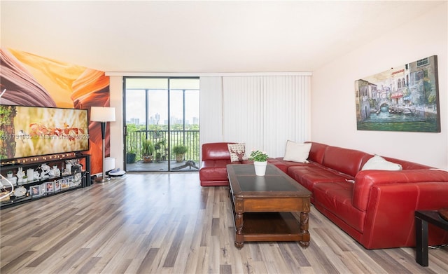 living room with expansive windows and hardwood / wood-style flooring