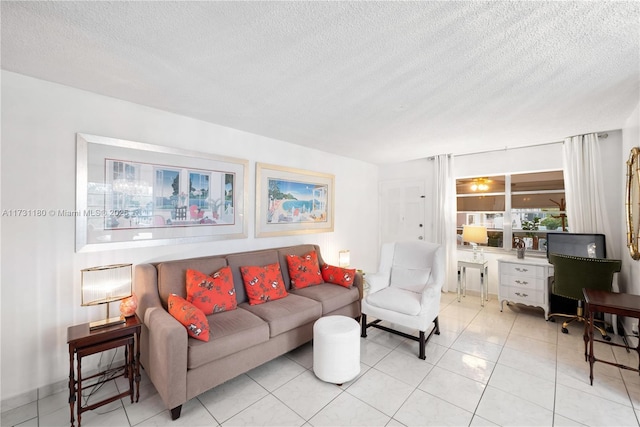 tiled living room with a textured ceiling