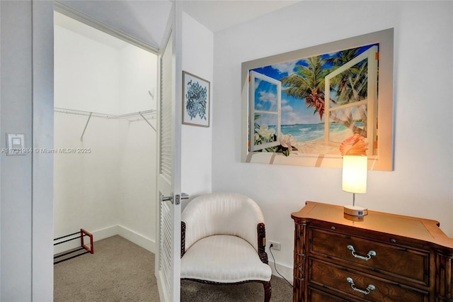 sitting room featuring light carpet