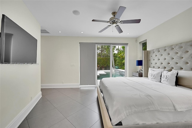 tiled bedroom featuring access to exterior and ceiling fan