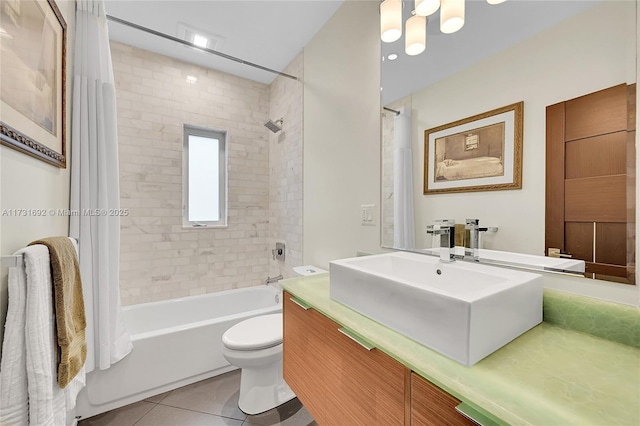 full bathroom with tile patterned flooring, vanity, toilet, and shower / bathtub combination with curtain