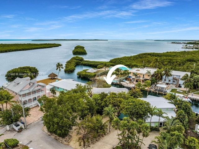 drone / aerial view featuring a water view