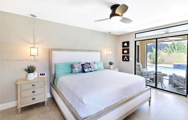 bedroom featuring ceiling fan, light tile patterned floors, and access to outside