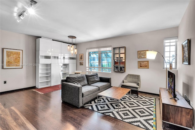 living room featuring a notable chandelier and dark hardwood / wood-style flooring