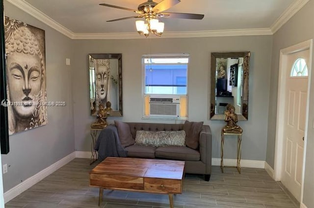 living area featuring crown molding, ceiling fan, and light hardwood / wood-style floors