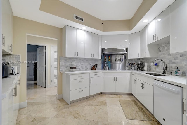 kitchen with white cabinets, ventilation hood, sink, and dishwasher