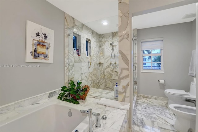 bathroom featuring independent shower and bath, a bidet, and toilet