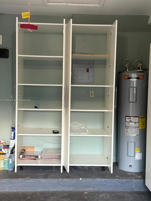 interior space featuring electric panel and water heater