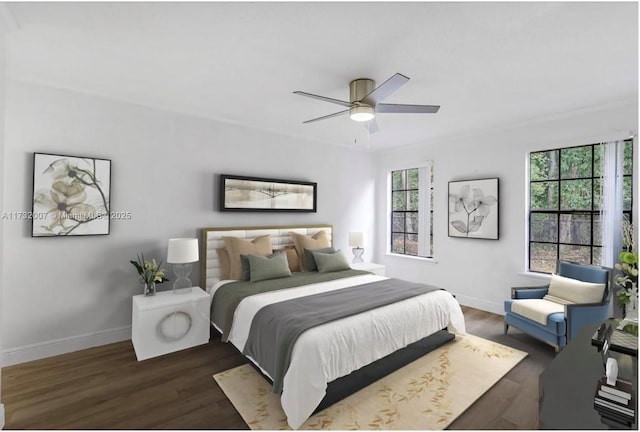 bedroom featuring ceiling fan and dark hardwood / wood-style flooring