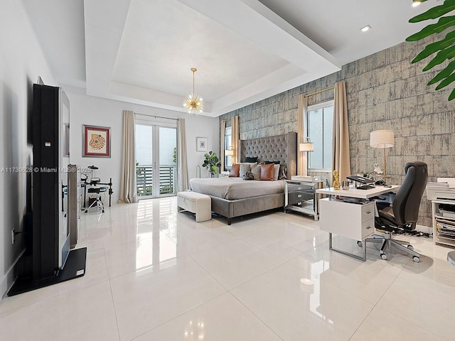 tiled bedroom featuring french doors, access to exterior, a notable chandelier, and a tray ceiling