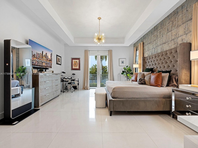 bedroom with light tile patterned floors, a notable chandelier, french doors, access to outside, and a raised ceiling