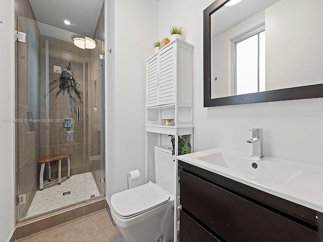 bathroom featuring tile patterned floors, vanity, toilet, and an enclosed shower