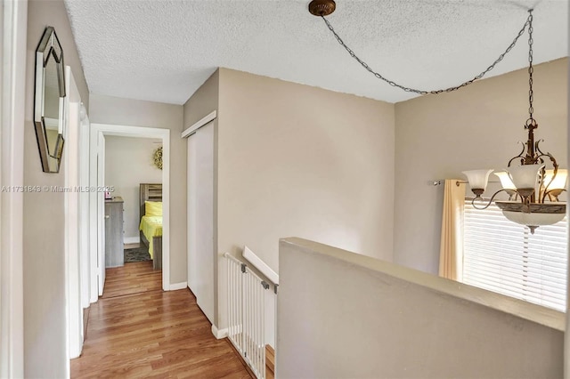 hallway with an inviting chandelier, hardwood / wood-style floors, and a textured ceiling