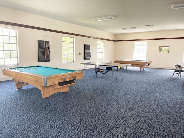 game room with billiards, a healthy amount of sunlight, and carpet