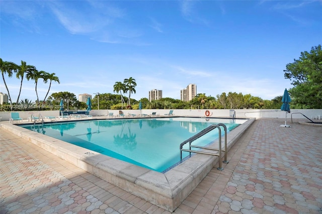 view of swimming pool with a patio area