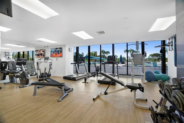 gym with floor to ceiling windows, a healthy amount of sunlight, and light wood-type flooring