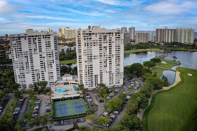 aerial view featuring a water view