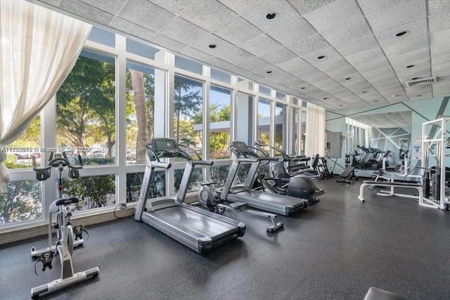 exercise room featuring plenty of natural light and a paneled ceiling