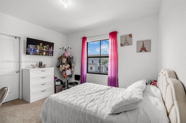 bedroom with light colored carpet