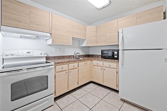 kitchen with sink, light brown cabinets, light tile patterned floors, white appliances, and range hood