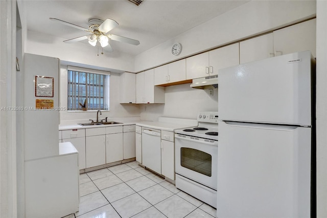 kitchen featuring white cabinetry, sink, light tile patterned floors, ceiling fan, and white appliances