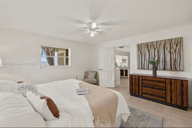 bedroom with a ceiling fan and light tile patterned flooring