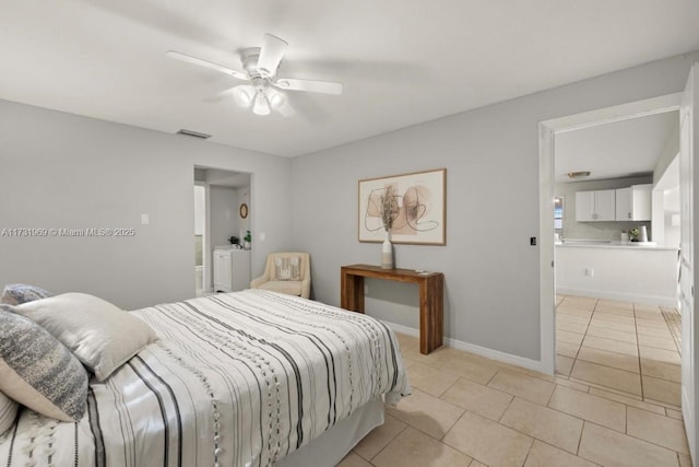 bedroom featuring light tile patterned floors, ceiling fan, visible vents, and baseboards