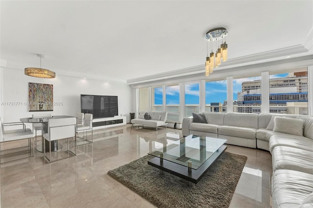 living room with ornamental molding