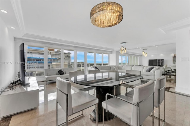 dining space featuring an inviting chandelier and crown molding