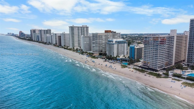 bird's eye view with a view of the beach and a water view