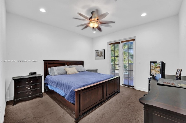 carpeted bedroom with access to outside and ceiling fan