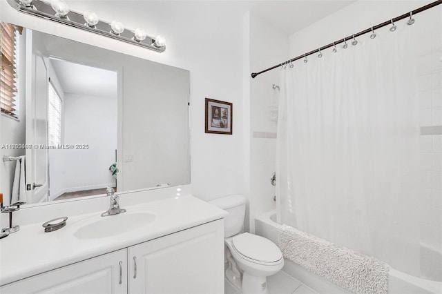 full bathroom with vanity, shower / tub combo, tile patterned floors, and toilet