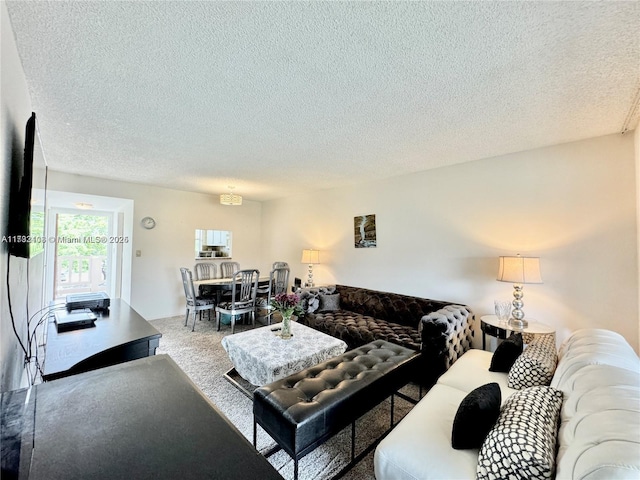 living room with a textured ceiling and carpet