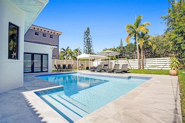 view of swimming pool featuring a patio area