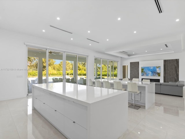 kitchen with a spacious island, french doors, white cabinetry, a kitchen breakfast bar, and a raised ceiling