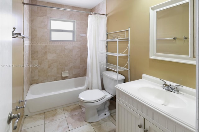 full bathroom with tile patterned flooring, vanity, shower / tub combo, and toilet