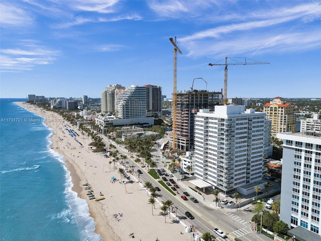 drone / aerial view with a water view and a view of the beach